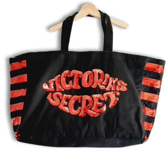 VICTORIA SECRET Canvas Red Sequin Lips Weekender Travel Shopper Tote Bag Black - Picture 1 of 13
